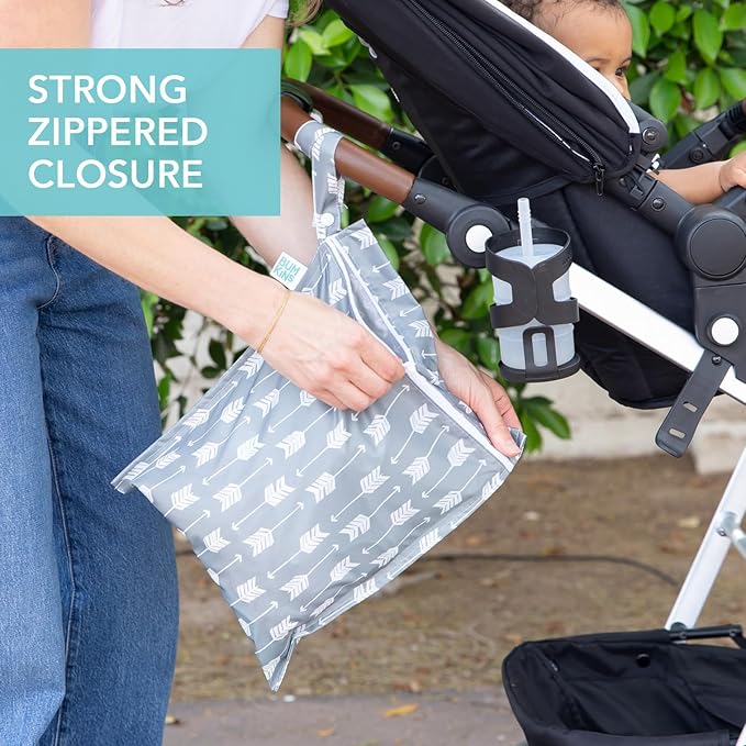 Bumkins Waterproof Wet Bag for Baby, Travel, Swim Suit, Cloth Diapers, Pump Parts, Pool, Beach, Gym Clothes, Toiletry, Hook to Stroller, Daycare, Zipper Reusable Wetdry Packing Pouch, Gray Arrows