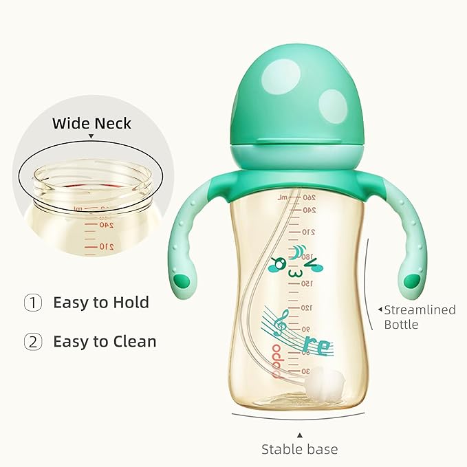 YOHKOH Natural PPSU Baby Bottle with Natural Response Nipple, Newborn Anti-Colic Baby Bottles with Handle, Wide Neck Mushroom Cap Baby Bottle (8.8oz (Pack of 2), Blue1)