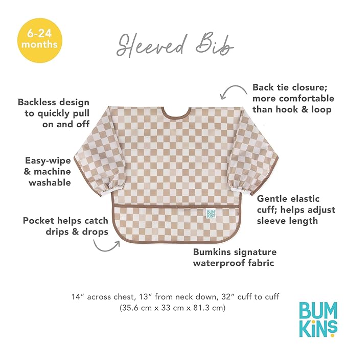 Bumkins - Sleeved Bib -For Boys & Girls, Babies & Toddlers 6-24 Months - Lightweight, Durable, Waterproof - Long Sleeve Bib - Catch-All Pocket - Wipeable & Machine Washable -Beige & Gray Check -2 Pack