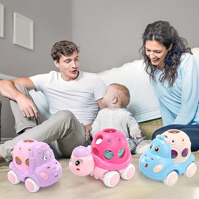 Baby Girl Toy Cars for Toddlers 1-3, Push and Go Rattle Cars for Baby Toy 6-9-12-18 Months, First Birthday Gifts for 1 2 Year Old Girls, Infant Pink Friction Truck Set