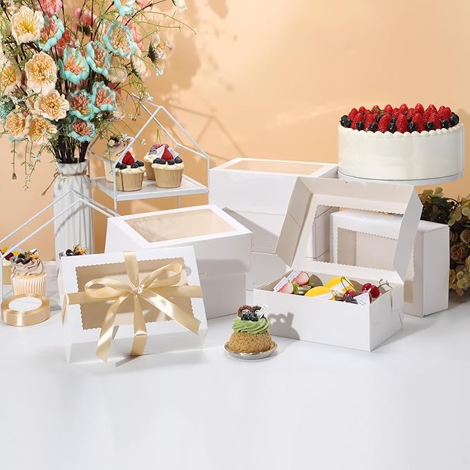 COTOPHER 30Pcs Cookie Boxes with Ribbons, 9x6x3 Inch Bakery Boxes with Window, White Treat Containers for Pastries, Chocolate Covered Strawberries, Dessert, Easter Candy, Muffins, Donuts