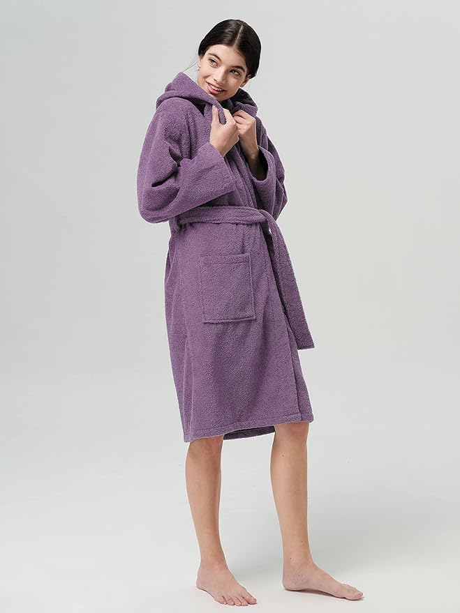 SIORO Womens Hooded Terry Cloth Robe, Cotton Absorbent Knee-Length Bathrobe, Housecoat with Pockets for Spa & Shower
