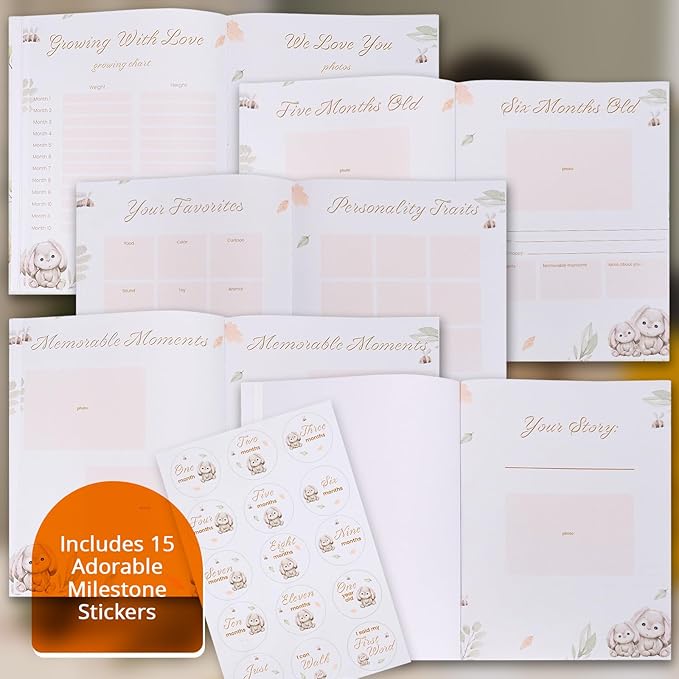 Baby Memory Book, modern for boy or girl, Baby Book Keepsake, minimalist milestone journal from birth to age 5, includes 15 stickers, Baby Book to record special moments