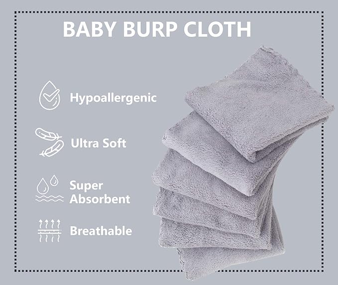 8 Pack Burp Cloths for Baby - 20" by 10" Ultra Absorbent Burping Cloth, Hand Washcloths, Newborn Towel - Milk Spit Up Rags - Burpy Cloths for Unisex, Boy, Girl - Burp Cloths Set (Grey)