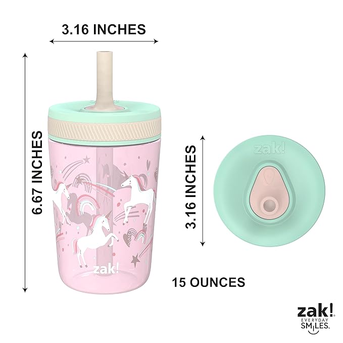 Zak Designs Kelso Toddler Cups For Travel or At Home, 15oz 2-Pack Durable Plastic Sippy Cups With Leak-Proof Design is Perfect For Kids (Fanciful Unicorn, Happy Skies)