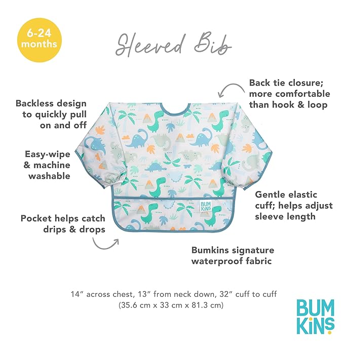 Bumkins Sleeved Bib for Girl or Boy, Baby and Toddler for 6-24 Mos, Essential Must Have for Eating, Feeding, Baby Led Weaning Supplies, Long Sleeve Mess Saving Food Catcher, Fabric, Dinosaur Gray