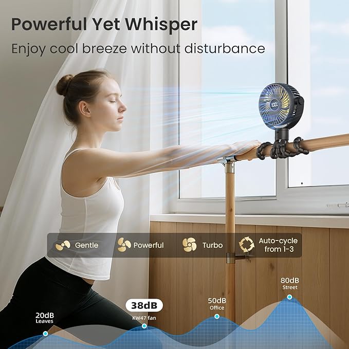 Portable Stroller Fan, 4000mAh Rechargeable Clip on Baby Fan 25H Battery Life, Head Detachable 360° Rotate Mini Fans, 4 Speed Personal Fans with Night Light for Car Seat Crib Bike Treadmill, Black