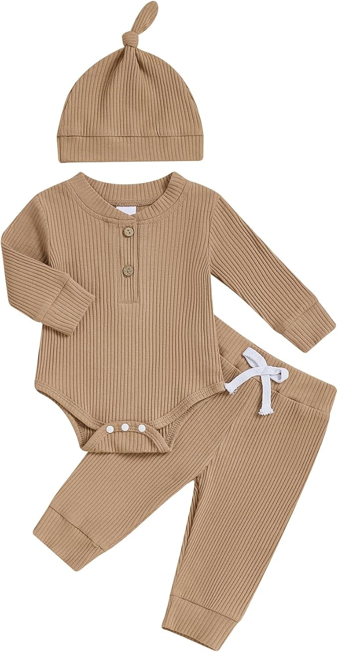 Newborn Baby Boy Clothes Long Sleeve Ribbed Bodysuit Pants Hat 3-Piece Outfit Set