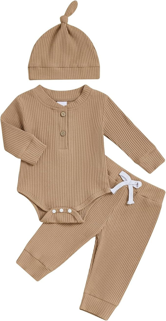 Newborn Baby Boy Clothes Long Sleeve Ribbed Bodysuit Pants Hat 3-Piece Outfit Set