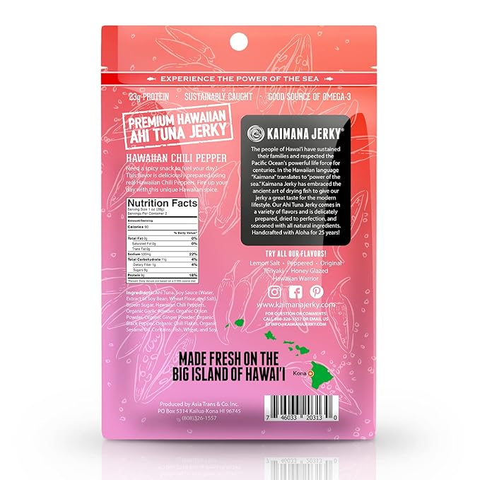 Kaimana Ahi Tuna Jerky, Hawaiian Chili Pepper, 2 Ounce, Wild Caught, High in Omega 3, All Natural, Made in the USA
