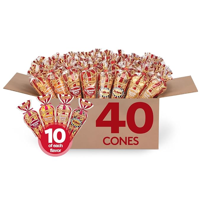 Popcornopolis Gourmet Popcorn Mini Cones Variety Pack – 10 Each of Zebra, Cheddar Cheese, Caramel & Kettle Corn Popcorn, Great for Gifting, Parties & Snacks, (40-Count Case)