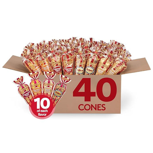 Popcornopolis Gourmet Popcorn Mini Cones Variety Pack – 10 Each of Zebra, Cheddar Cheese, Caramel & Kettle Corn Popcorn, Great for Gifting, Parties & Snacks, (40-Count Case)