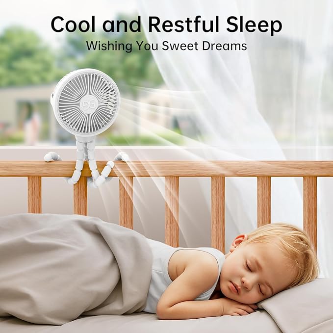GUSGU Stroller Fan Clip on for Baby, Flexible Tripod & Rechargeable Battery, Small Personal Fan, Mini Portable Fan for Travel, Handheld, Car (White)
