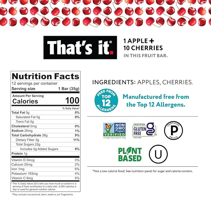 That's it. Apple + Cherry 100% Natural Real Fruit Bar, Best High Fiber Vegan, Gluten Free Healthy Snack, Paleo for Children & Adults, Non GMO No Sugar Added, No Preservatives Energy Food (12 Pack)