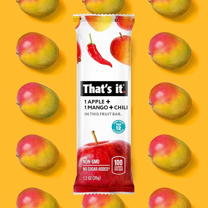 That's it. Apple+Mango+Chili 100% Natural Great Tasting Real Dried Fruit Bar, Vegan, Gluten Free, Paleo, Kosher, Non GMO, No Preservatives, No Added Sugar (12 Packs)