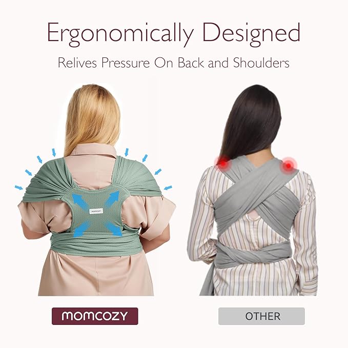 Momcozy Adjustable Buckle Baby Wrap Carrier Cooling Air-Mesh, Easy to Wear Baby Carrier Sling, Baby Carriers Newborn to Toddler 8-35lbs, Suit for Waist 47-57inch,Plus Size Grey Green
