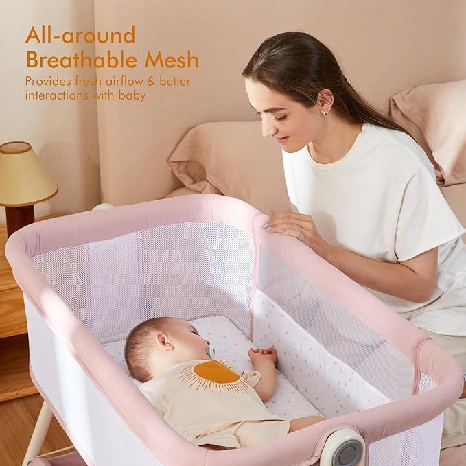 ANGELBLISS Baby Bassinet Bedside Sleeper, Easy Folding Portable Bassinet for Baby Girl with Wheels, Adjustable Height, Included Mattress (Pink)