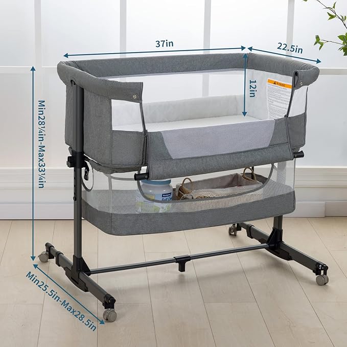 Ihoming Bassinet Bedside Sleeper for Baby, 3 in 1 Convertible Design, lnfant Bed Side Sleeper & Cradle Bassinets, Newborn Bedside Crib Attaches to Bed, Deep Grey