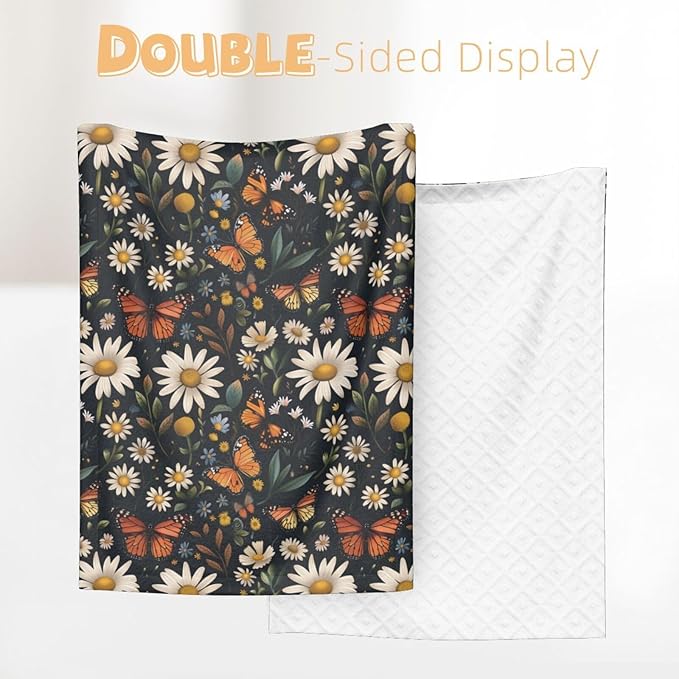 Baby Blanket Daisy Butterfly Vintage for Boy Girl Newborn 30x40 Inch Toddler Infant Nursery Throw Blankets Double Layer Comfy Soft Plush Stroller Crib Quilt