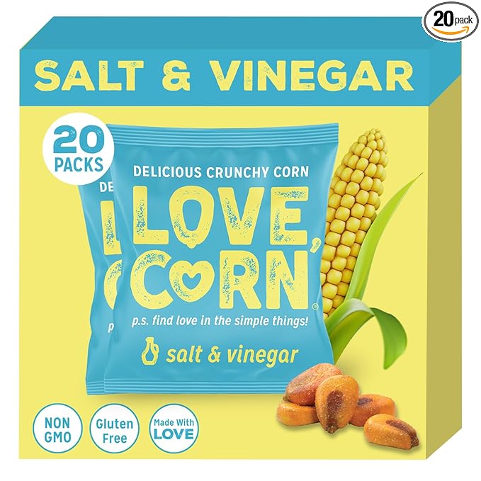 LOVE CORN Salt & Vinegar 0.7oz x 20 Bags - Delicious Crunchy Corn - Healthy Family Snacks - Gluten Free, Kosher, NON-GMO - Alternative for Chips, Nuts, Crackers & Pretzels - Perfect for Charcuterie Boards