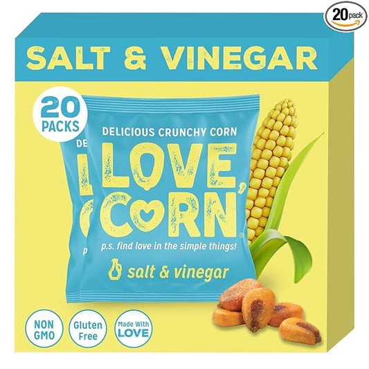 LOVE CORN Salt & Vinegar 0.7oz x 20 Bags - Delicious Crunchy Corn - Healthy Family Snacks - Gluten Free, Kosher, NON-GMO - Alternative for Chips, Nuts, Crackers & Pretzels - Perfect for Charcuterie Boards