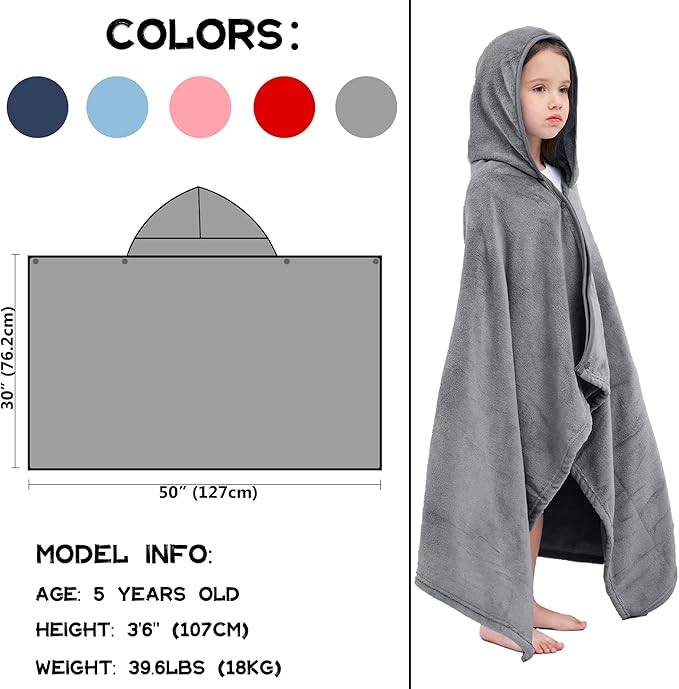 Hiturbo Kids Fleece Hooded Bath Towel: Soft Plush Pool Beach Towel Blanket - 50"x30" Toddler Towels Wrap for Boys Girls 3-12 Years (Gray)