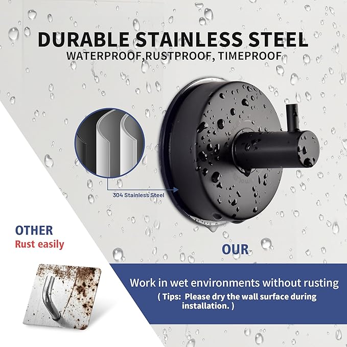 JOMOLA Suction Cup Shower Hooks for Hanging Towel Suction Hook for Inside Shower Stainless Steel Coat Hooks Wall Mounted Kitchen Utensil Stainless Steel, Matte Black, 2PCS