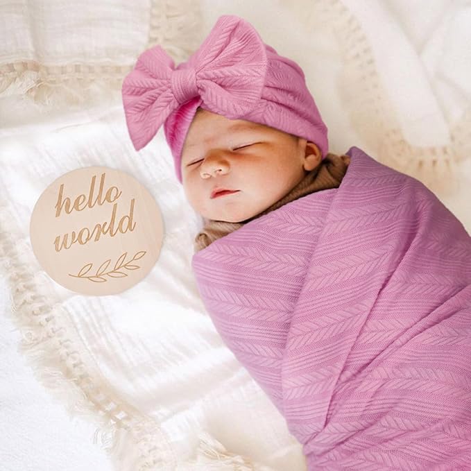 Newborn Receiving Blanket with Bow Hat Headband Wooden Card Set Wheat-Pattern Newborns Toddler Baby Boy Girl Nursery Swaddle Wrap