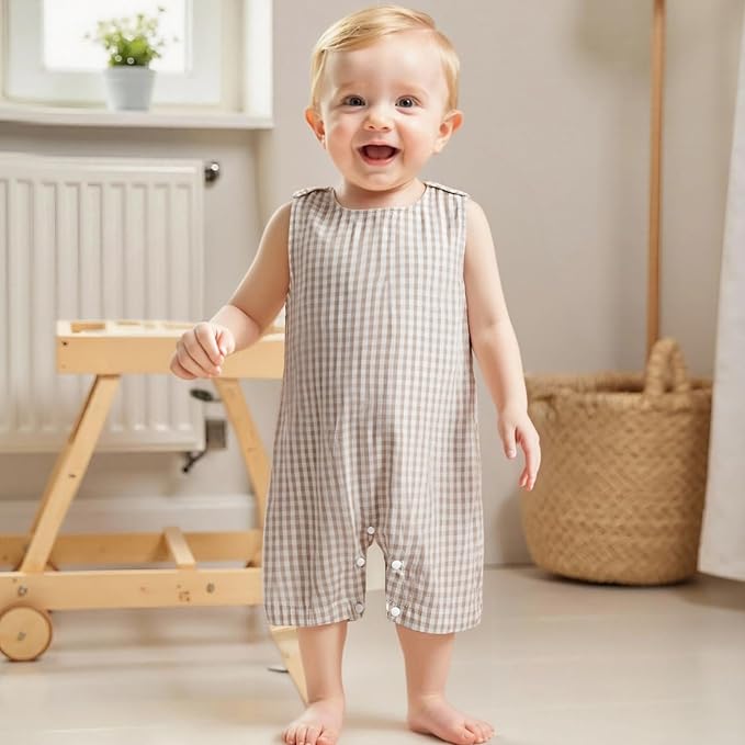 Baby Boy Summer Clothes Sleeveless Retro Plaid Romper Overalls Jumpsuit Shortalls Playsuit Outfits