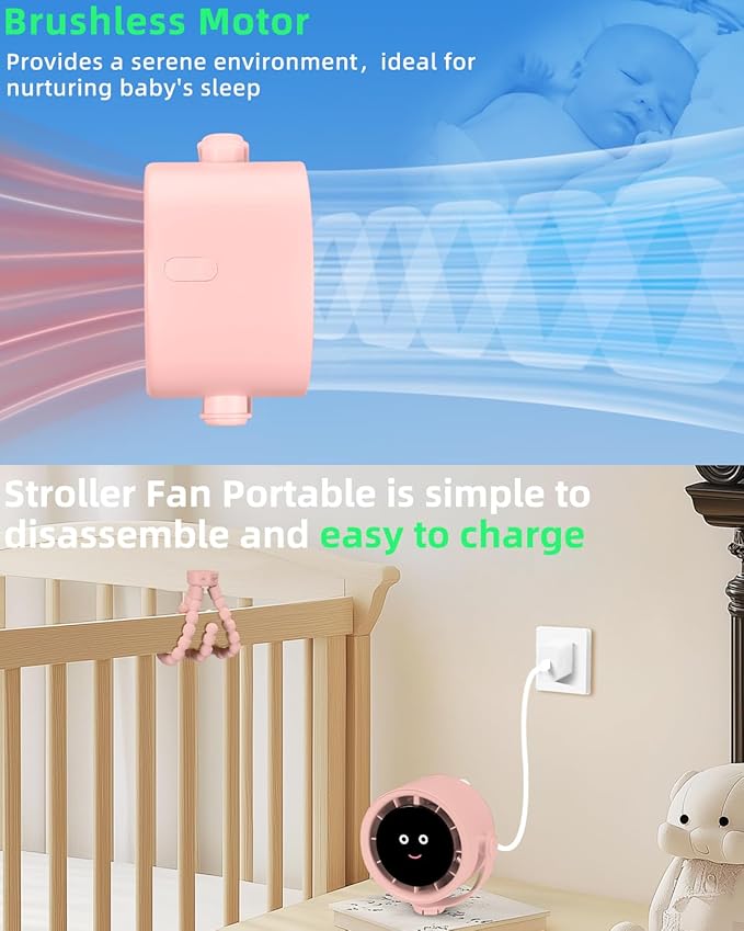 Stroller Fan Portable, Personal Fan for Travel, Air Turbo Tech & Digital display, Detachable 5 Speeds Rechargeable 360° Rotate Flexible Tripod, For Home Office Stroller (Pink)