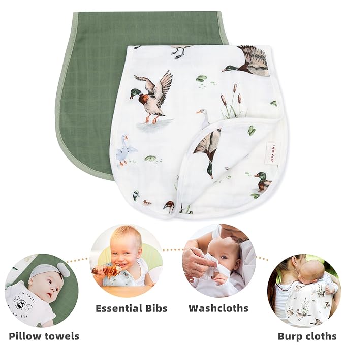 LifeTree Muslin Baby Burp Cloths - 2 Pack 70% Viscose from Bamboo and 30% Cotton Large 22'' by 10'' Absorbent Milk Spit Up Rags - Burping Cloths for Newborn, Girls Boys, MallardDuck & Olive