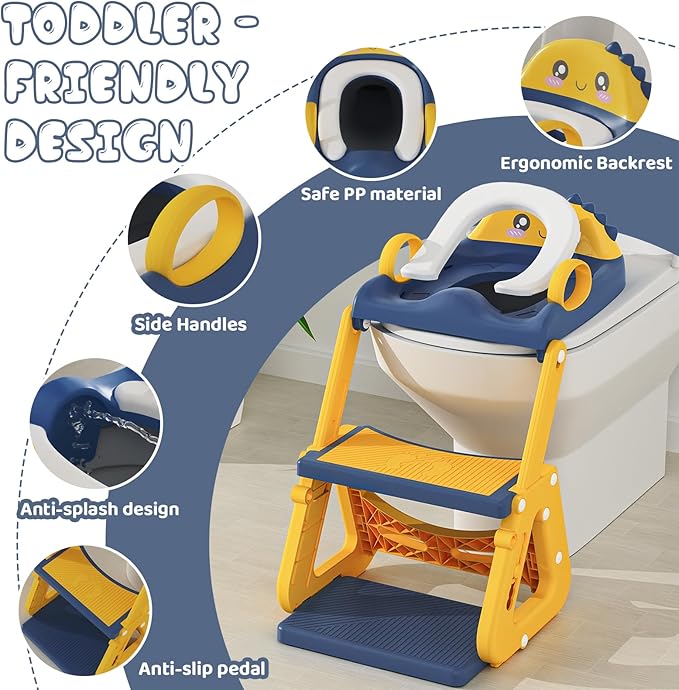 Potty Training Seat, Upgrade 2 in 1 Potty Training Toilet with Step Stool Foldable Toddler Toilet Seat for Kids Boys Girls Toddler Potty with Splash Guard Anti-Slip Pad Adjustable Ladder & Seat Height