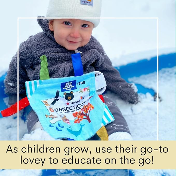 Baby Jack & Co 8x8” Learning Lovey Connecticut State Tag Stroller Toy for Babies - Crinkle Toys for Developing Five Senses - Learn About Capitals - Travel with Baby Jack - BPA Free Clip
