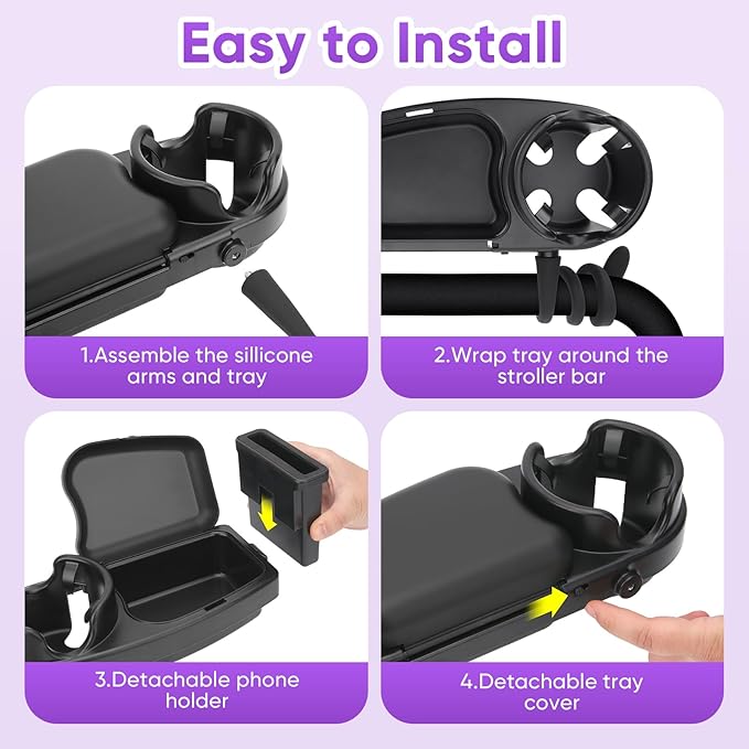 Universal Stroller Snack Tray, 3 in 1 Stroller Cup Holder with Phone Holder and Silicone Flexible Arms Grip, Stroller Tray Attachment Compatible with Uppababy, Baby Jogger, Britax (Snack Tray)