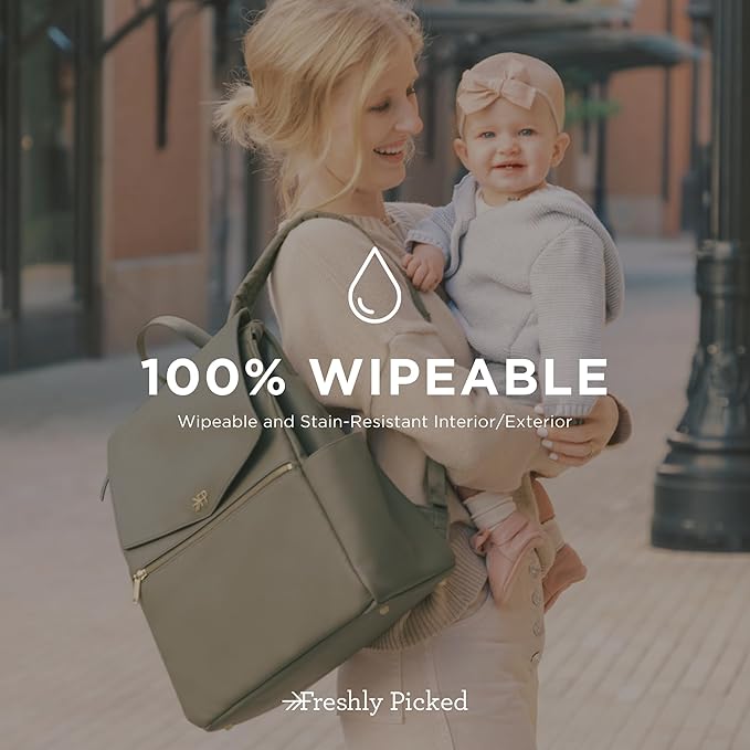 Freshly Picked Classic II Diaper Bag Backpack, Wipeable Vegan Leather With Changing Pad (Sage Green V2)