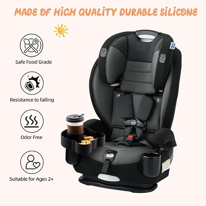 LEORAY Car Seat Snack Tray Silicone with Deeper Cup Holder, Food Tray for Kids Toddler Travel with 2 Different Size Adapters, Fits Most Car Seat and Other Seats with Cup Holders (Black)