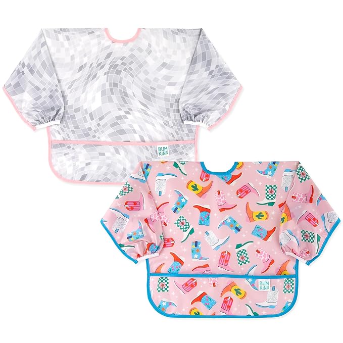 Bumkins Sleeved Baby Bib – Long Sleeve Waterproof Fabric Feeding Smock with Crumb Catcher Pocket, Adjustable Toddler Apron for Baby Led Weaning, Comfortable for Ages 6–24 Months, Cowgirl Boots 2-pack