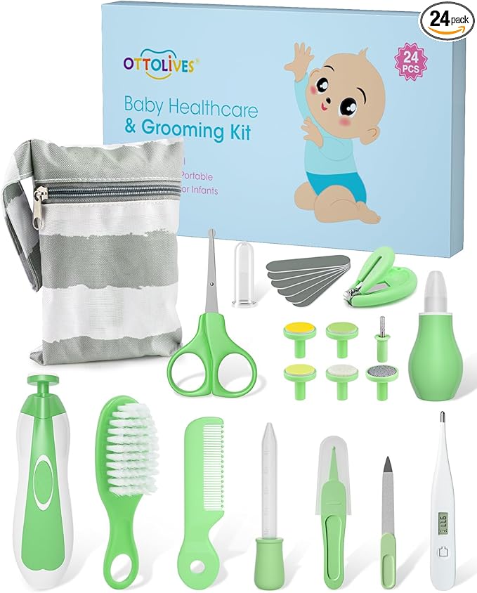 OTTOLIVES Baby Healthcare and Grooming Kit, 24 in 1 Baby Electric Nail Trimmer Set Newborn Nursery Health Care Set for Newborn Infant Toddlers Baby Boys Girls Kids (0-3 Years+) (Green)