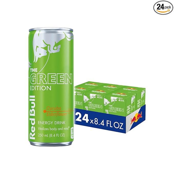 Red Bull Green Edition Energy Drink, Curuba Elderflower, with 80mg Caffeine plus Taurine & B Vitamins, 8.4 Fl Oz, 6 Packs of 4 Cans (Pack of 24)