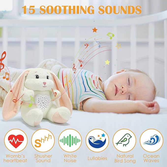 Baby Sleep Soother Bedtime Bunny Toy with Cry Sensor, Mom‘s Heartbeat Lullabies White Noise, Starlight Projector, Toddler Crib Sleeping Aid for Infant,Boy Girl Baby Gifts