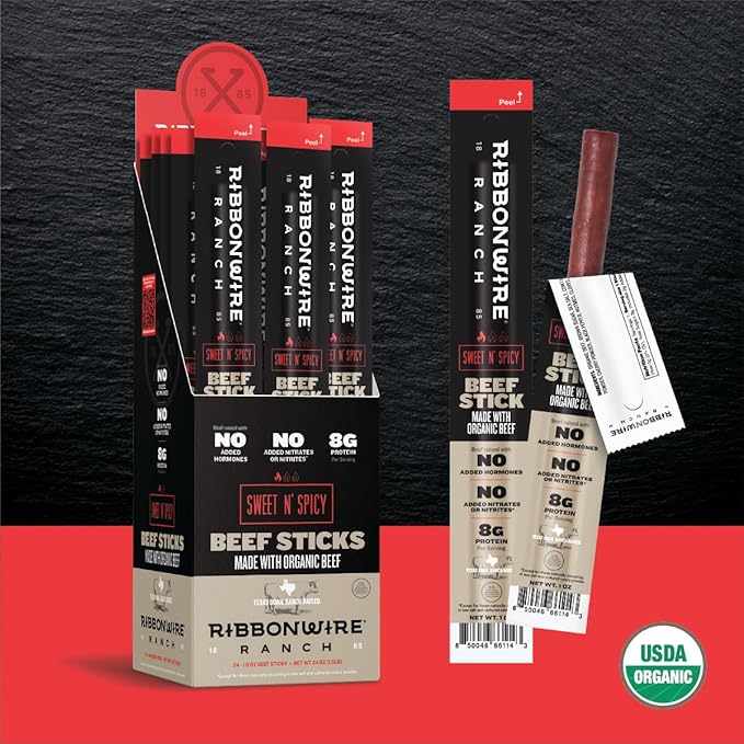 Ribbonwire Ranch Beef Jerky Snack Sticks - Made with Organic Beef, Pasture Raised, High Protein Snack - Healthy, Low Carb, Gluten-Free, Nitrate Free, Perfect for On-the-Go & Keto Diets (1 Count (Pack of 12), Sweet N Spicy)