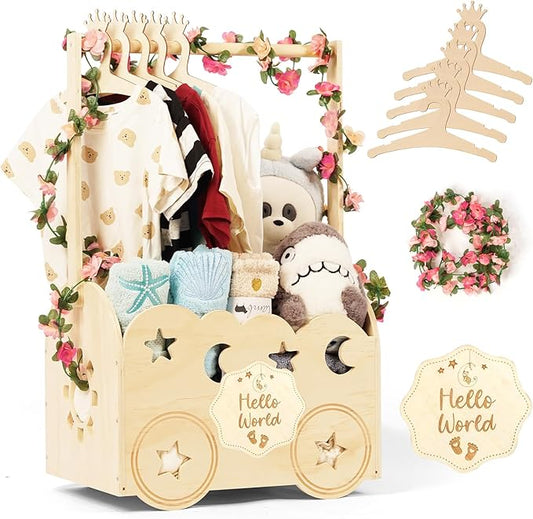 Wooden Baby Shower Basket with Hanger Rack - Personalized Baby Gift, Newborn Essentials Organizer for Nursery, Welcome Gift Basket for Newborn, Pregnancy Gifts for New Parents.