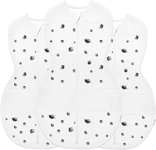 Happiest Baby Sleepea 5-Second Swaddle - 100% Organic Cotton Baby Swaddle Blanket - Doctor Designed Promotes Healthy Hip Development - 3-Pack Bundle (Ivory Planets, S, M, L)