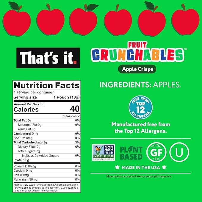 That's it. Fruit Crunchables (15 Pack) Apple Crisps healthy snacks for kids, Plant-Based, Non-GMO, Gluten-Free, No Sugar Added - Healthy Snack for lunch box 100% Natural Crunchy Fruit Snack