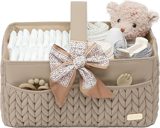 Luxurious Baby Diaper Caddy, Nursery Storage Basket for Newborn Essentials, Travel Baby Basket for Diapers Baby Wipes, Organizer Tote Bag Storage Bin, Baby Shower Gifts(Beige)