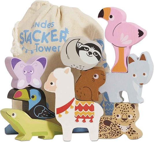 Le Toy Van - Wooden Andes Stacking & Bag - Petilou Forest Building Blocks Stacker & Bag - Educational Balancing Activity Toy for Kids Age 18 Months + - Tropical Animal Blocks