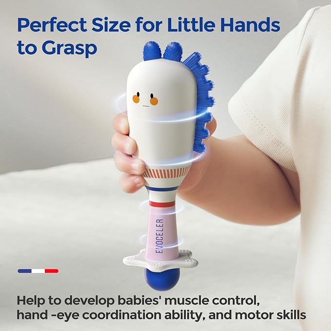 Evoceler Baby Toys, 2 Pac Bear Rattles & Shaker Toys with Teether, Sensory Toys for 0+M Babies, Soft Silicone BPA Free, Perfect Size for Grasp and Shake, Ideal Baby Boy Girl Toy Gift