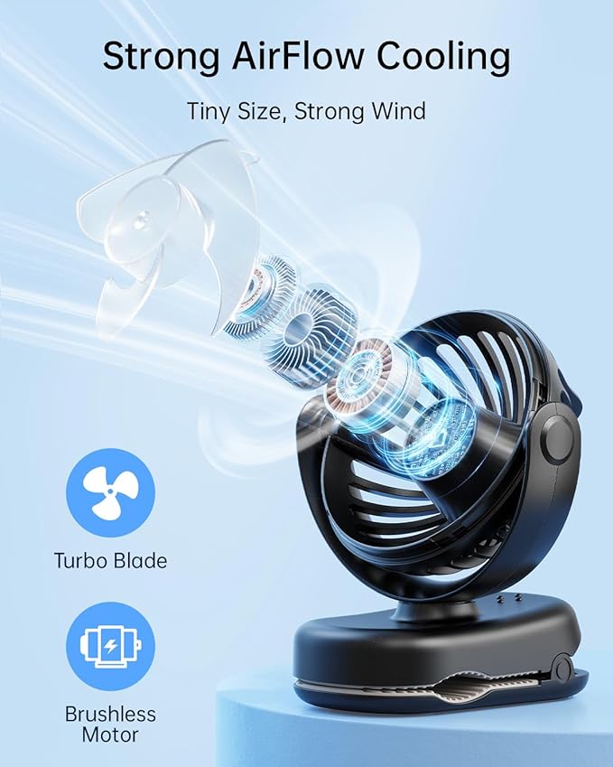 SWEETFULL Stroller Fan with Clip - Portable Mini Clip on Fan, 3 Speeds, 11Hrs Cooling, Cute Small Personal Desk Cooler for Baby Essentials, Bike Accessories, Car Seat, Umbrella, Carrier - Black