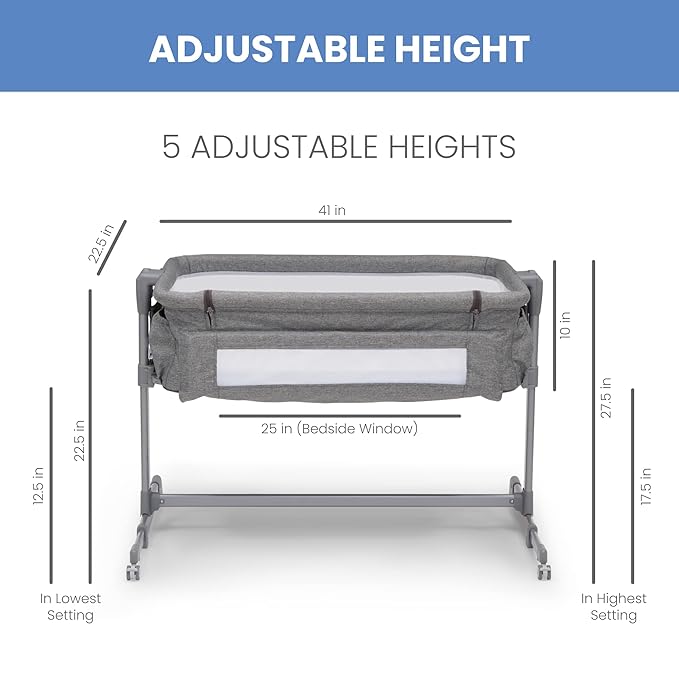 Delta Children Close2Me Bedside Baby Bassinet Sleeper with Breathable Mesh and Adjustable Heights - Lightweight Portable Crib, Grey