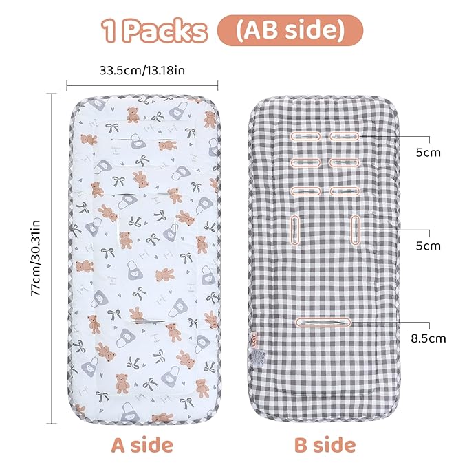 Baby Stroller Cushion,Infant Car Seat Insert-Reversible Universal Breathable and Soft Newborn Stroller Mat,100% Cotton Cover Toddler Seat Pad Liner-34x78cm,1 Pack(Butter Bear+Gray Plaid)